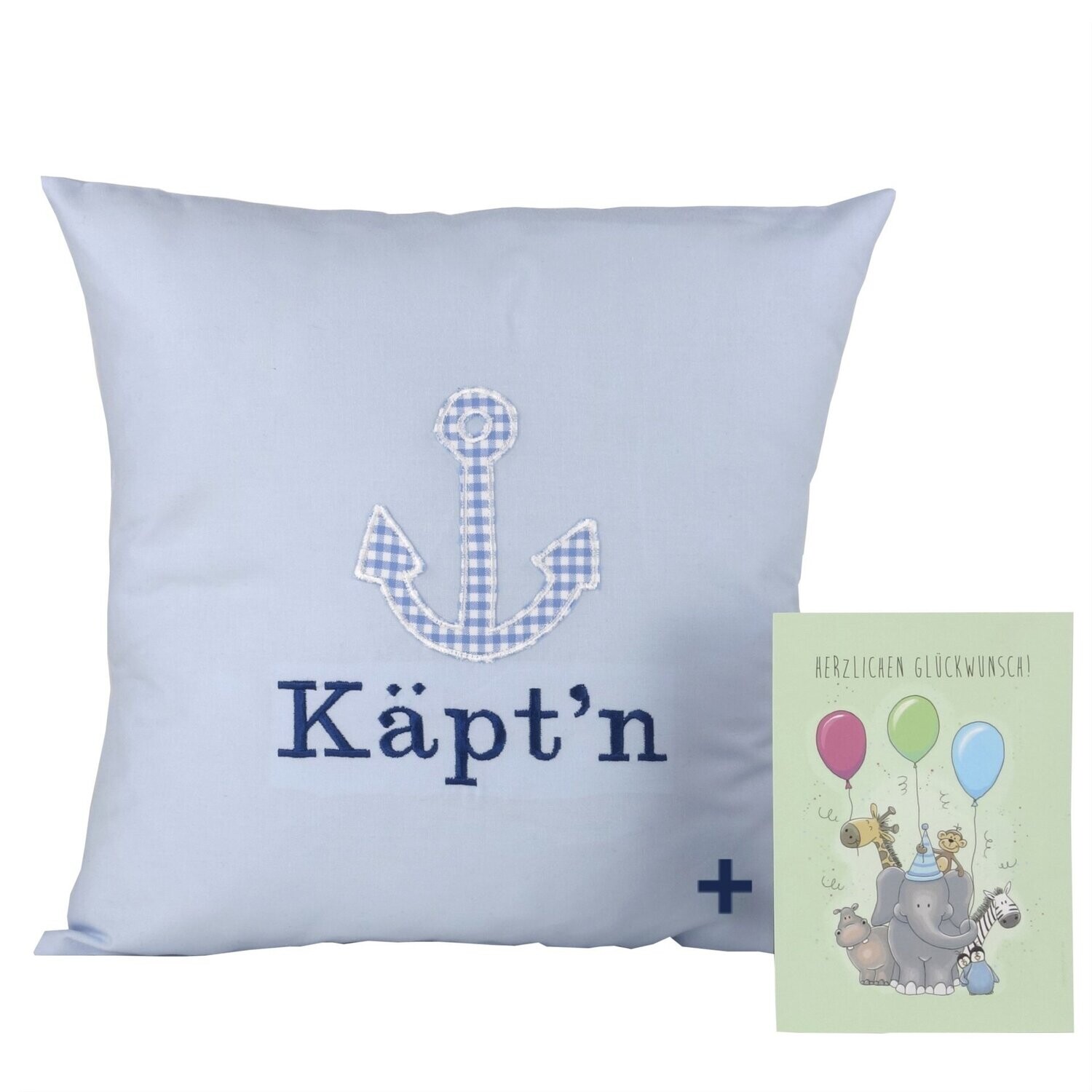 Babykissen "Käpt'n" mit Namen 40x40 cm inkl. Glückwunschkarte Geschenk zur Geburt, Taufe oder Geburtstag für Jungen & Mädchen