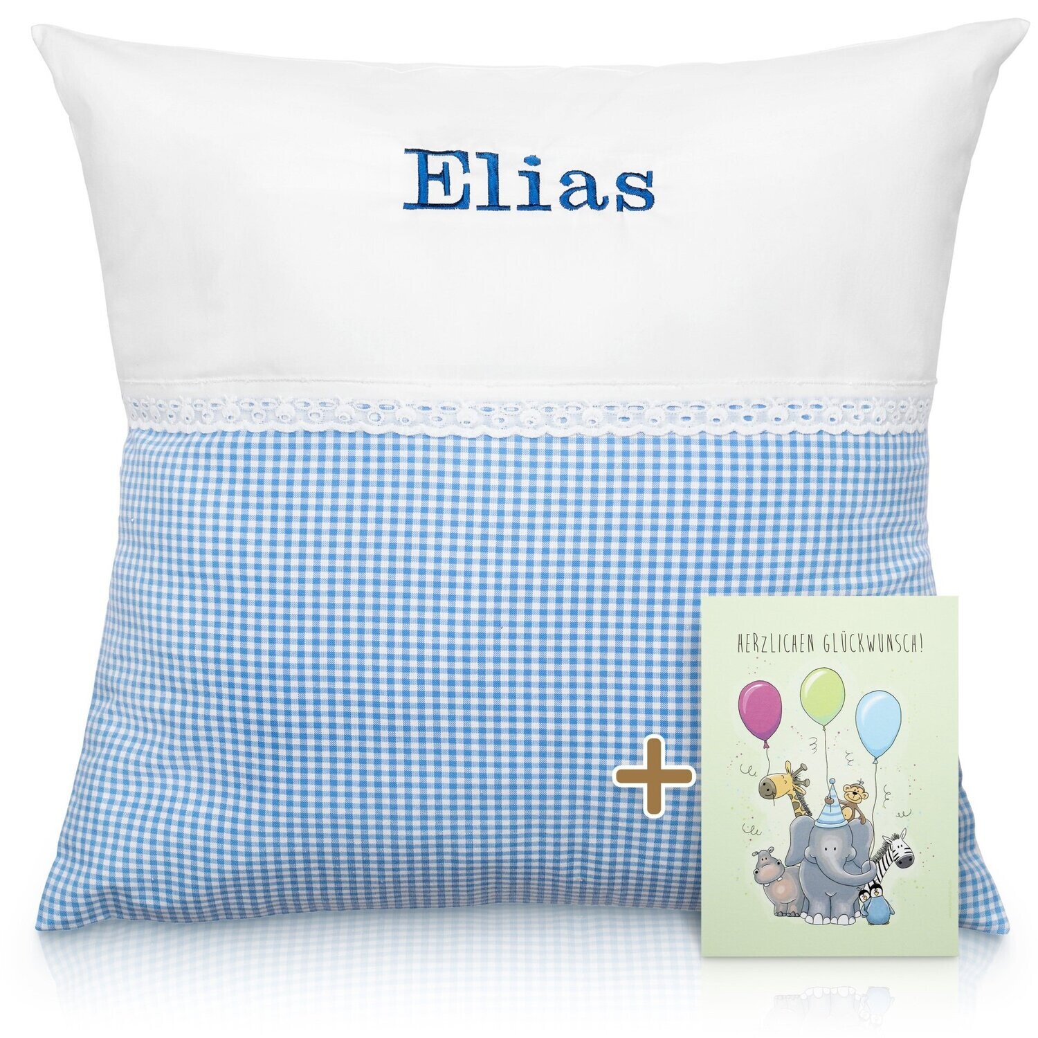 Babykissen "Karotraum Blau" mit Namen 50x50 cm inkl. Glückwunschkarte Geschenk zur Geburt, Taufe oder Geburtstag für Jungen & Mädchen