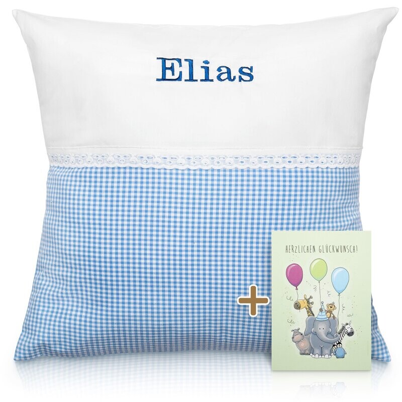Babykissen "Karotraum Blau" mit Namen 50x50 cm inkl. Glückwunschkarte Geschenk zur Geburt, Taufe oder Geburtstag für Jungen & Mädchen