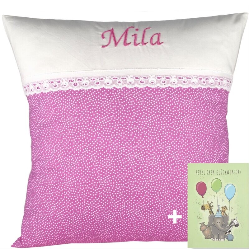 Babykissen "Kleines Pünktchen" mit Namen 40x40 cm inkl. Glückwunschkarte Geschenk zur Geburt, Taufe oder Geburtstag für Jungen & Mädchen