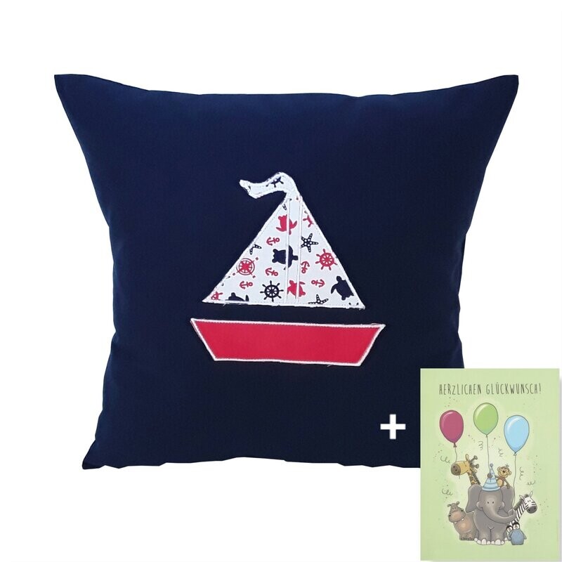 Babykissen "Bötchen" mit Namen 40x40 cm inkl. Glückwunschkarte Geschenk zur Geburt, Taufe oder Geburtstag für Jungen & Mädchen
