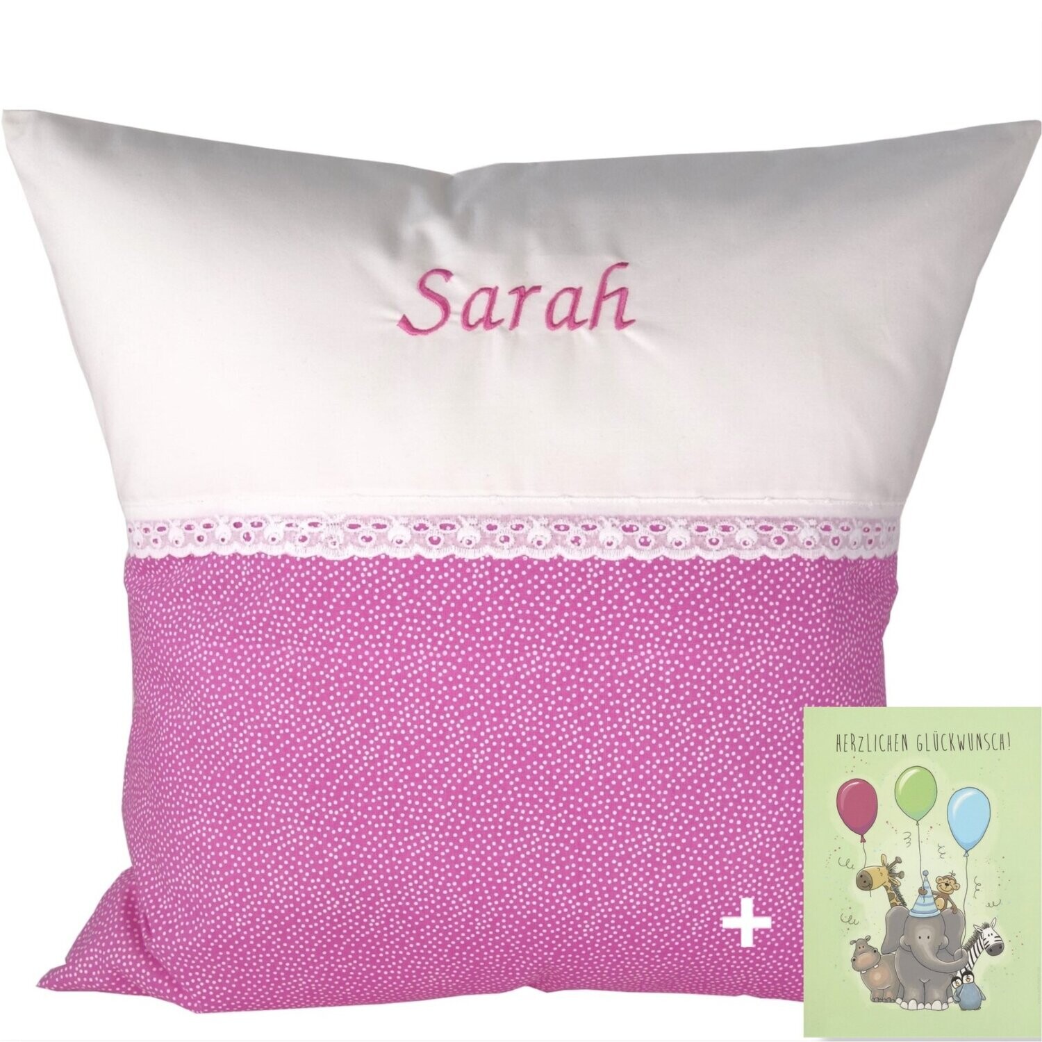 Babykissen "Pünktchen" mit Namen 50x50 cm inkl. Glückwunschkarte Geschenk zur Geburt, Taufe oder Geburtstag für Jungen & Mädchen