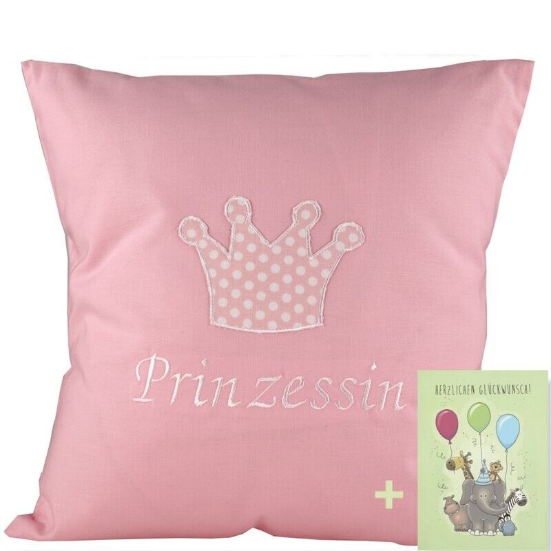 Babykissen "Prinzessin" mit Namen 40x40 cm inkl. Glückwunschkarte Geschenk zur Geburt, Taufe oder Geburtstag für Jungen & Mädchen