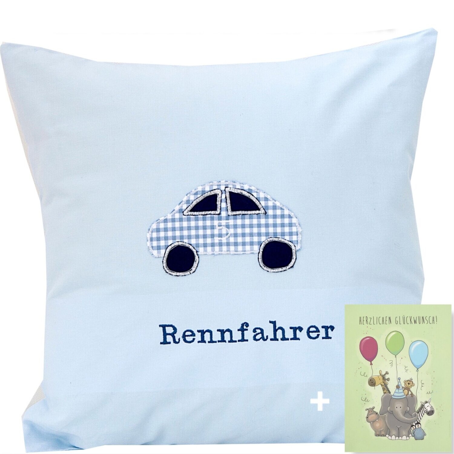 Babykissen "Rennfahrer" mit Namen 40x40 cm inkl. Glückwunschkarte Geschenk zur Geburt, Taufe oder Geburtstag für Jungen & Mädchen