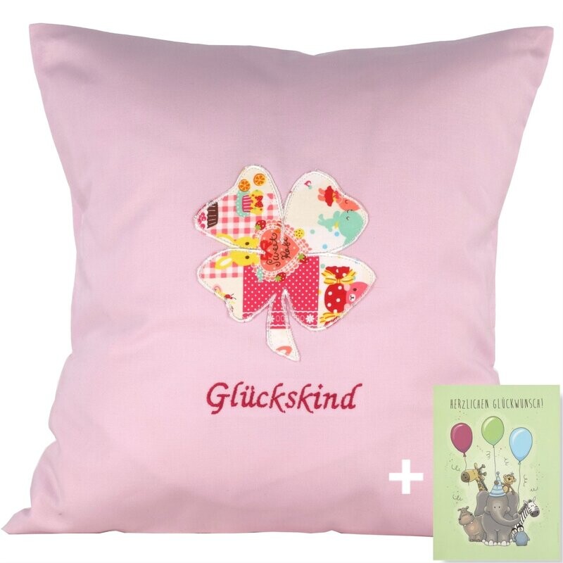 Babykissen "Glückskind in Rosa" mit Namen 40x40 cm inkl. Glückwunschkarte Geschenk zur Geburt, Taufe oder Geburtstag für Jungen & Mädchen