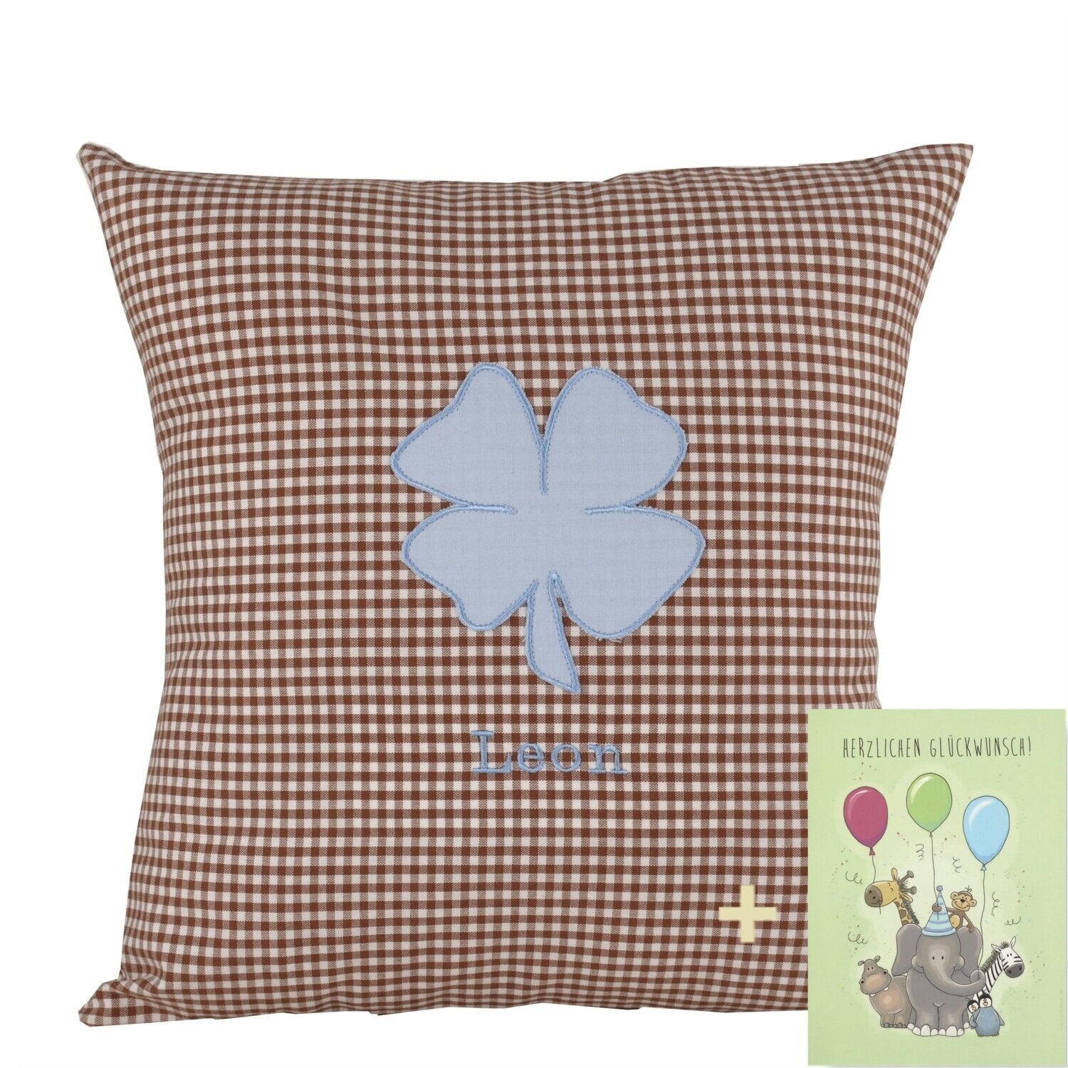 Babykissen "Glückskind in Braun" mit Namen 40x40 cm inkl. Glückwunschkarte Geschenk zur Geburt, Taufe oder Geburtstag für Jungen & Mädchen