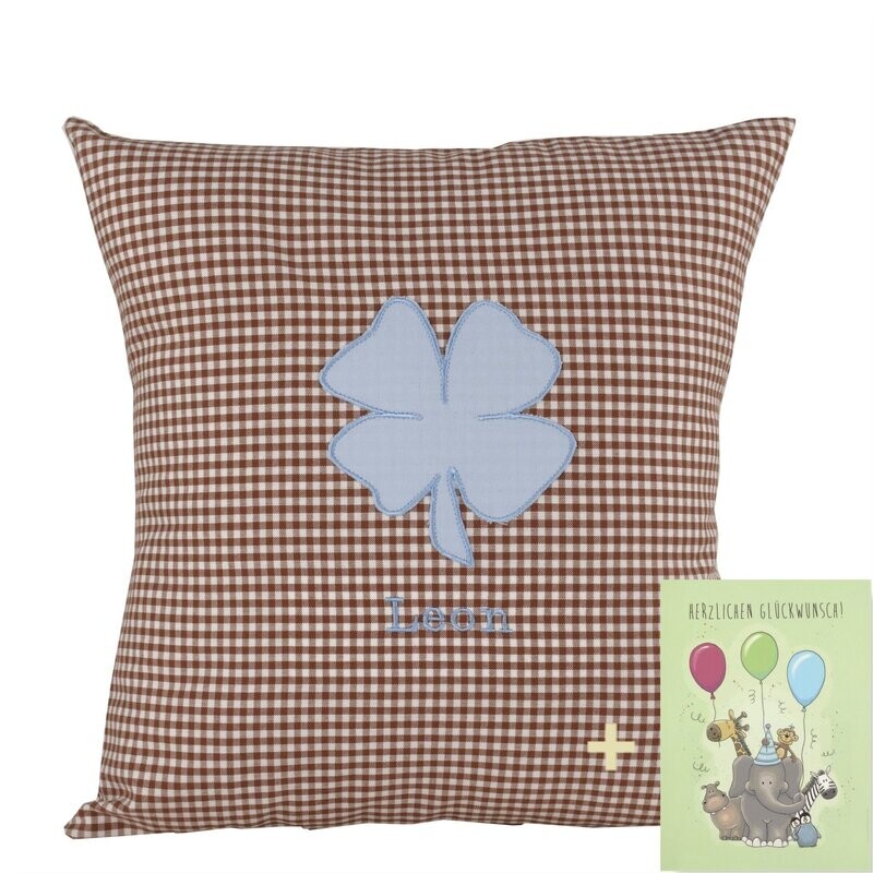 Babykissen "Glückskind in Braun" mit Namen 40x40 cm inkl. Glückwunschkarte Geschenk zur Geburt, Taufe oder Geburtstag für Jungen & Mädchen