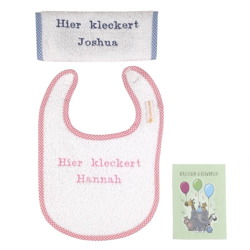 Lätzchen "Hier kleckert" inkl. Glückwunschkarte, Personalisierbar