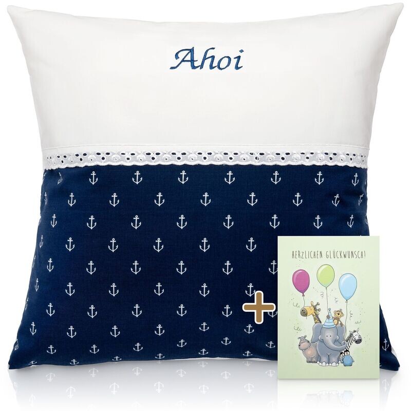 Babykissen Babykissen "Ahoi" mit Namen 50x50 cm inkl. Glückwunschkarte Geschenk zur Geburt, Taufe oder Geburtstag für Jungen & Mädchen