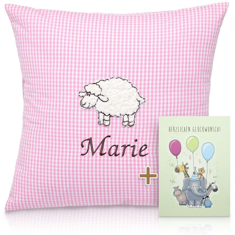 Babykissen Babykissen "Schäfchen Rosa" mit Namen 40x40 cm inkl. Glückwunschkarte Geschenk zur Geburt, Taufe oder Geburtstag für Jungen & Mädchen
