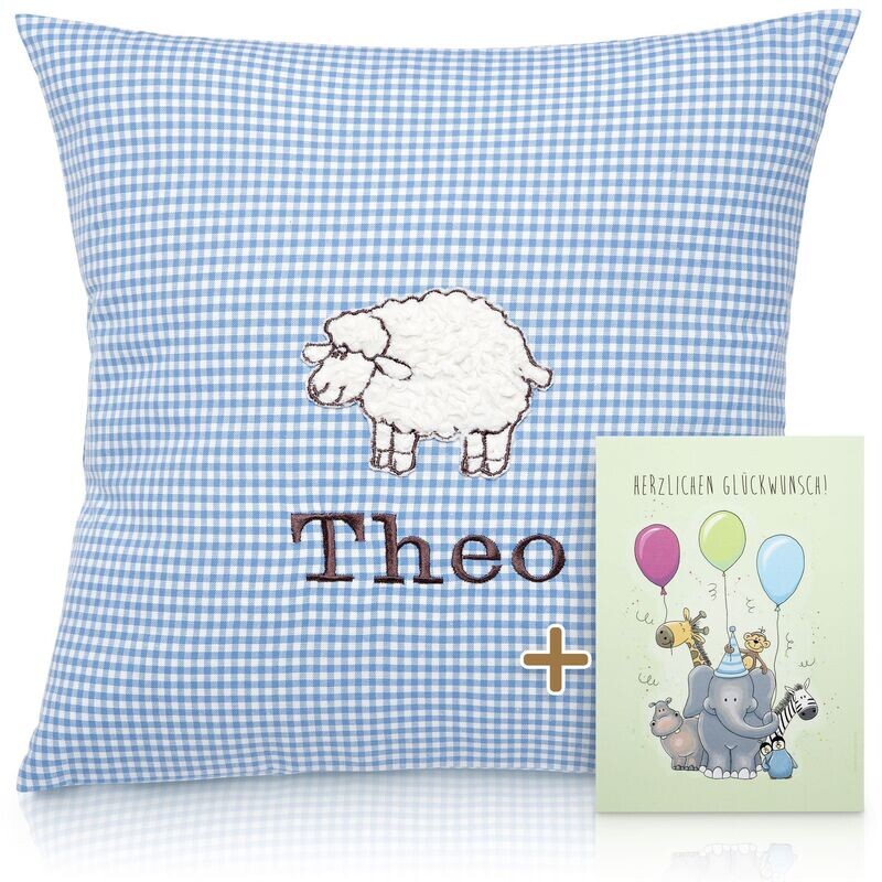 Babykissen "Schäfchen Blau" mit Namen 40x40 cm inkl. Glückwunschkarte Geschenk zur Geburt, Taufe oder Geburtstag für Jungen & Mädchen