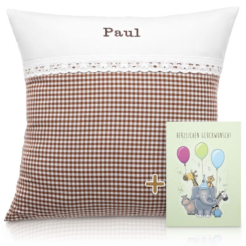 Babykissen Babykissen "Kleiner Karotraum Braun" mit Namen 40x40 cm inkl. Glückwunschkarte Geschenk zur Geburt, Taufe oder Geburtstag für Jungen & Mädchen
