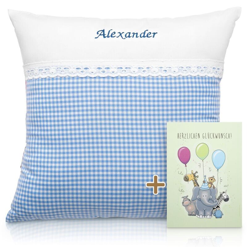 Babykissen Babykissen "Kleiner Karotraum Blau" mit Namen 40x40 cm inkl. Glückwunschkarte Geschenk zur Geburt, Taufe oder Geburtstag für Jungen & Mädchen