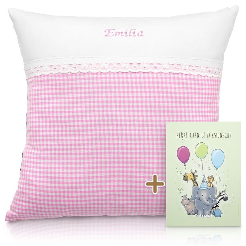Babykissen Babykissen "Kleiner Karotraum Rosa" mit Namen 40x40 cm inkl. Glückwunschkarte Geschenk zur Geburt, Taufe oder Geburtstag für Jungen & Mädchen