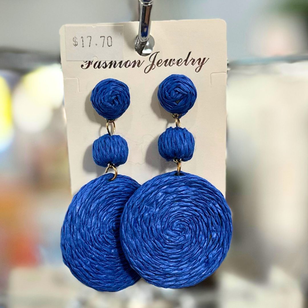 Rattan Disk Drop Earrings BLUE