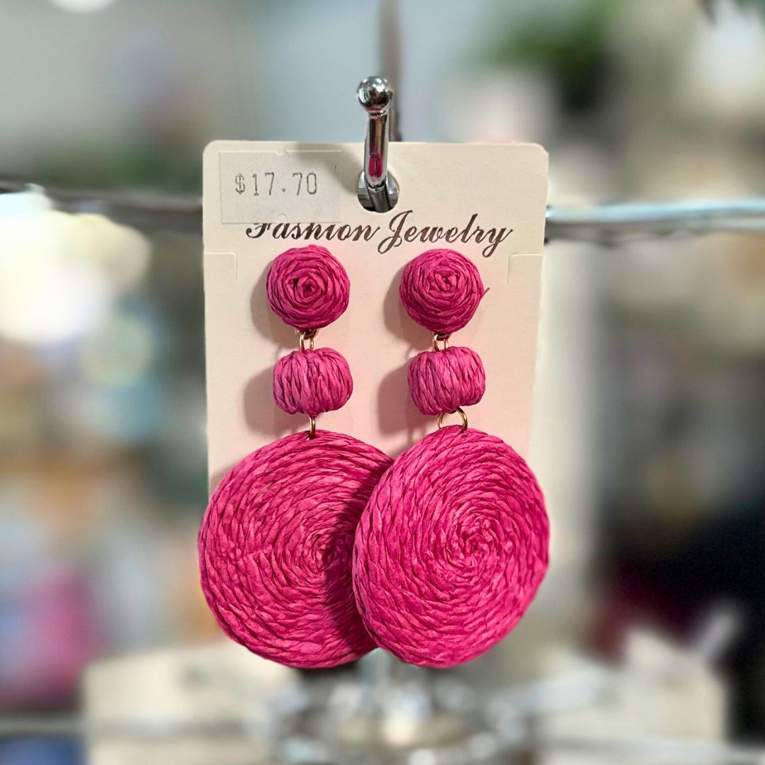 Rattan Disk Drop Earrings PINK
