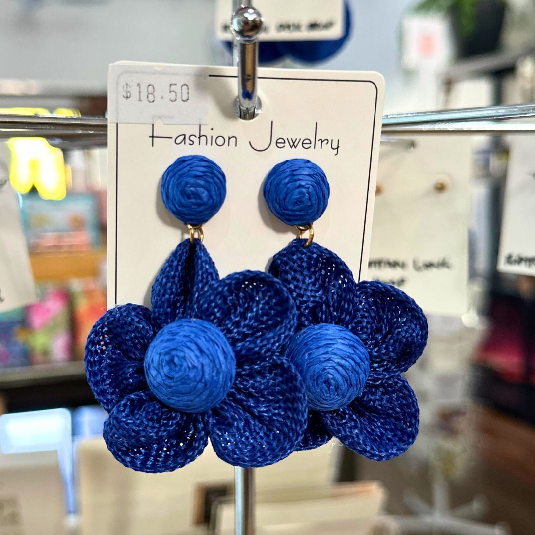 Woven Rattan Flower Earrings BLUE