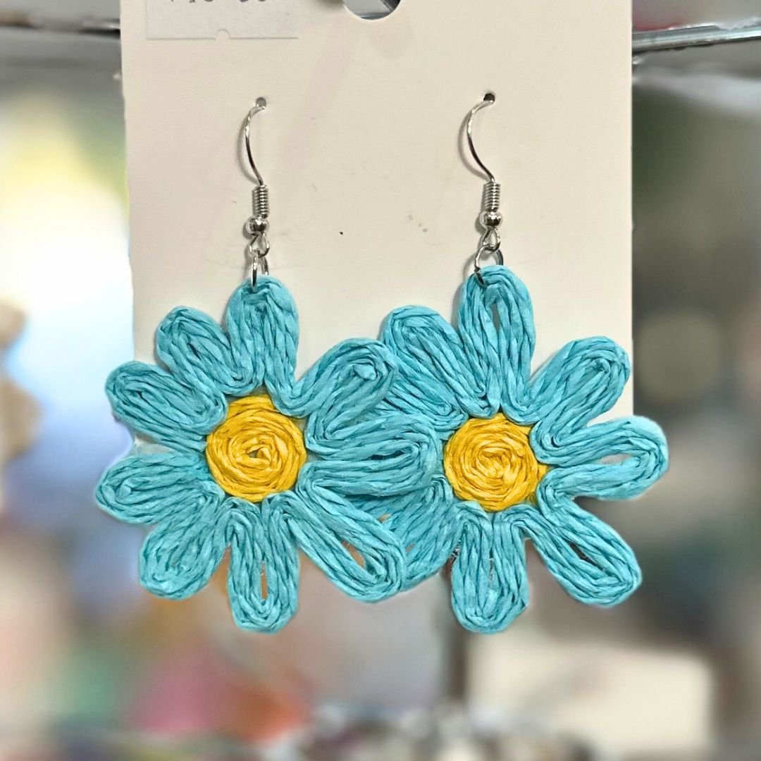 Rattan Flower Hook Earrings BLUE