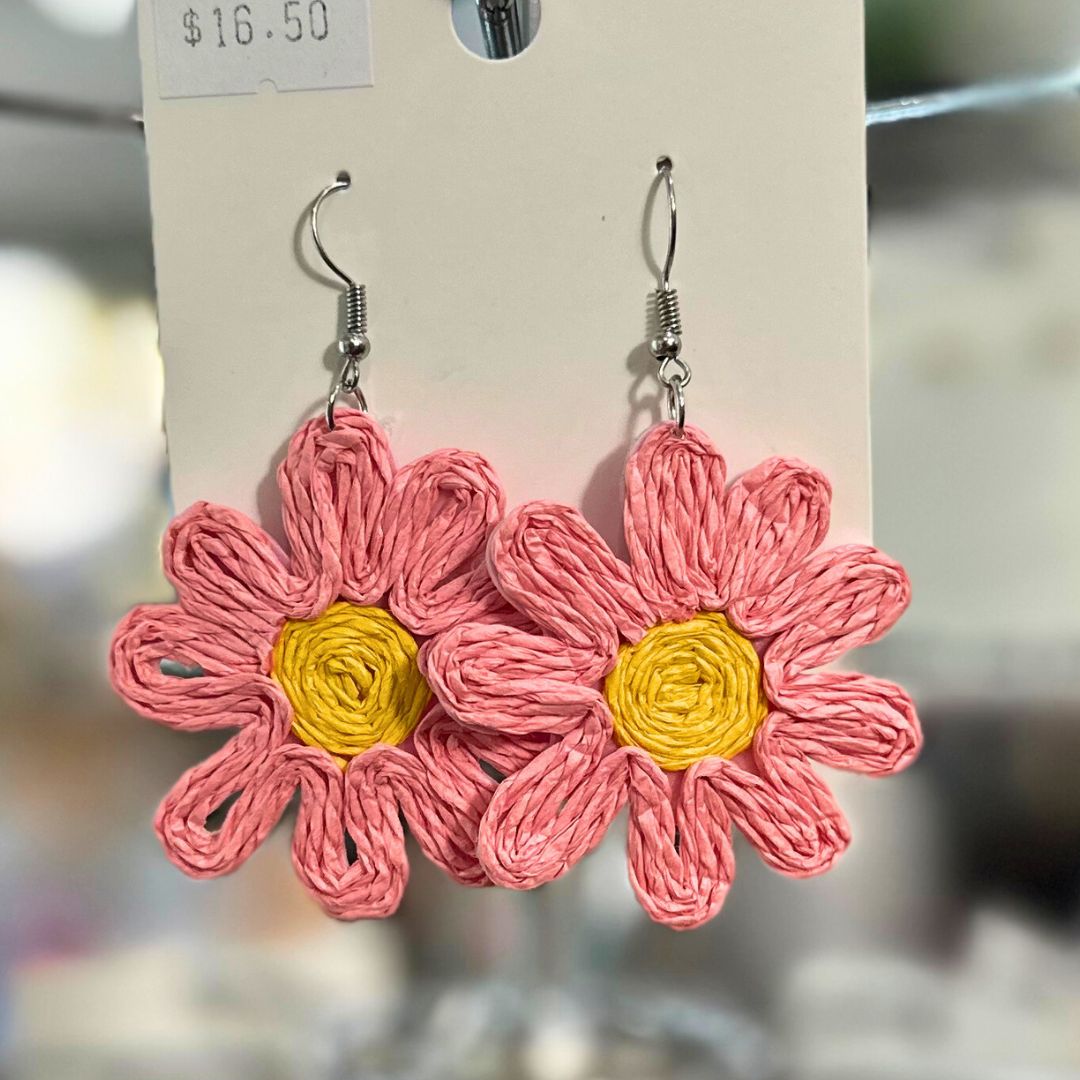 Rattan Flower Hook Earrings PINK