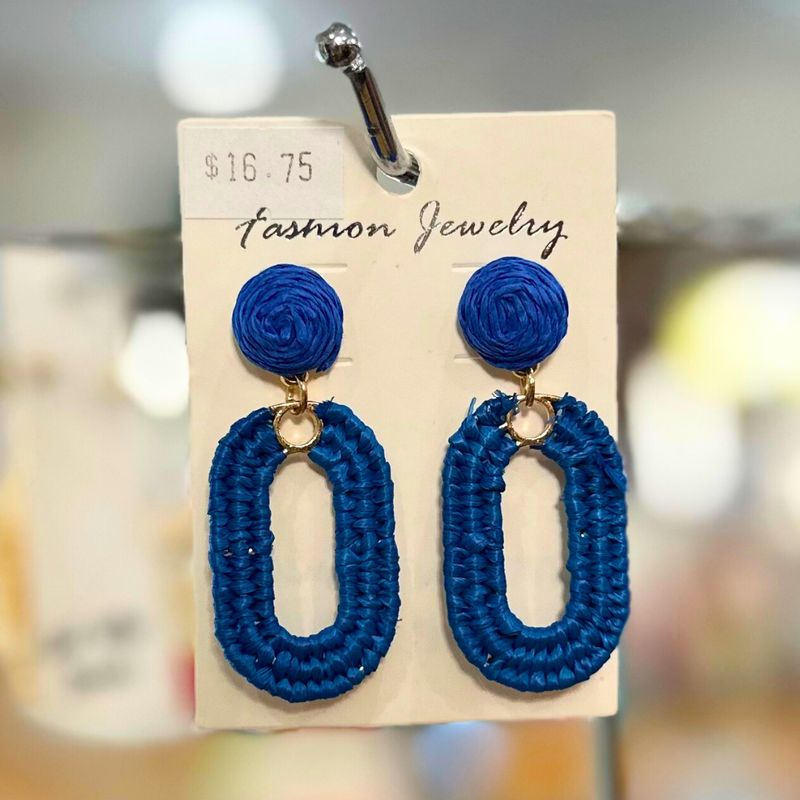 Rattan Long Hoop Earrings BLUE