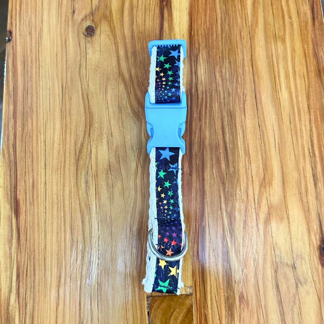 Greenpaws - SMALL Collar, Style: Navy Colourful Stars