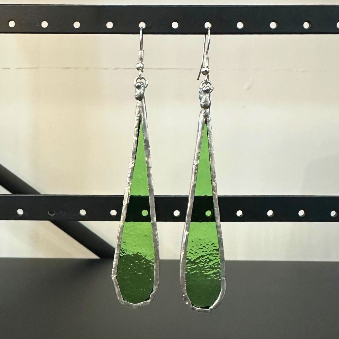 Long Green Teardrop Leadlight Earrings