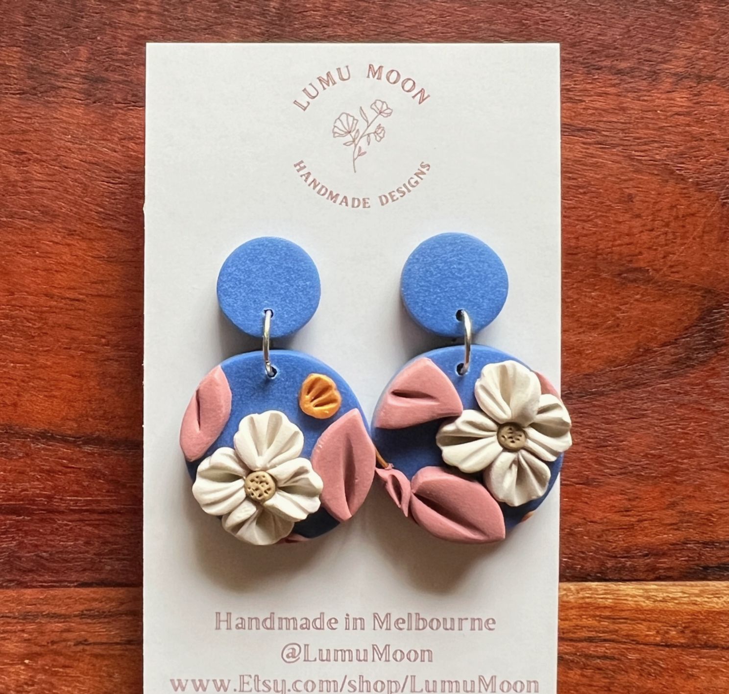 Blue Floral - Round Short Earrings
