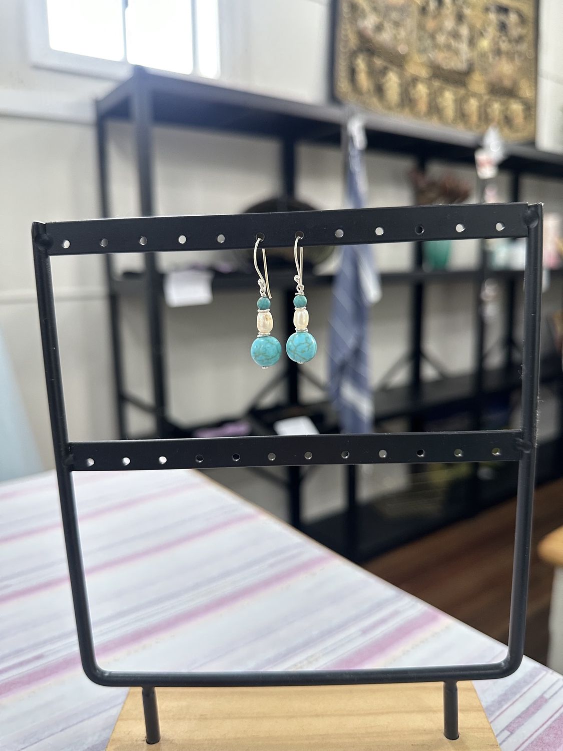Pearl &amp; Moc Turquoise Beaded Earrings