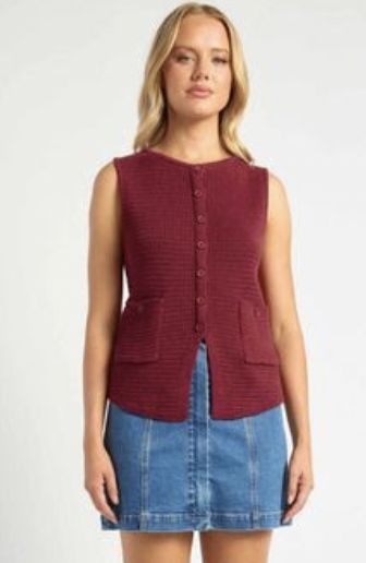 Button Up Knit Vest - Merlot