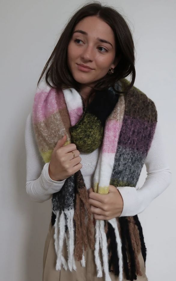 Thick and Soft Blanket Scarf, Colour: Pink/Yellow/Black