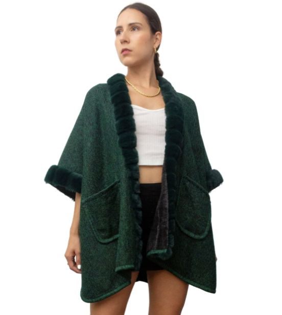 Green Wool-Blend Poncho