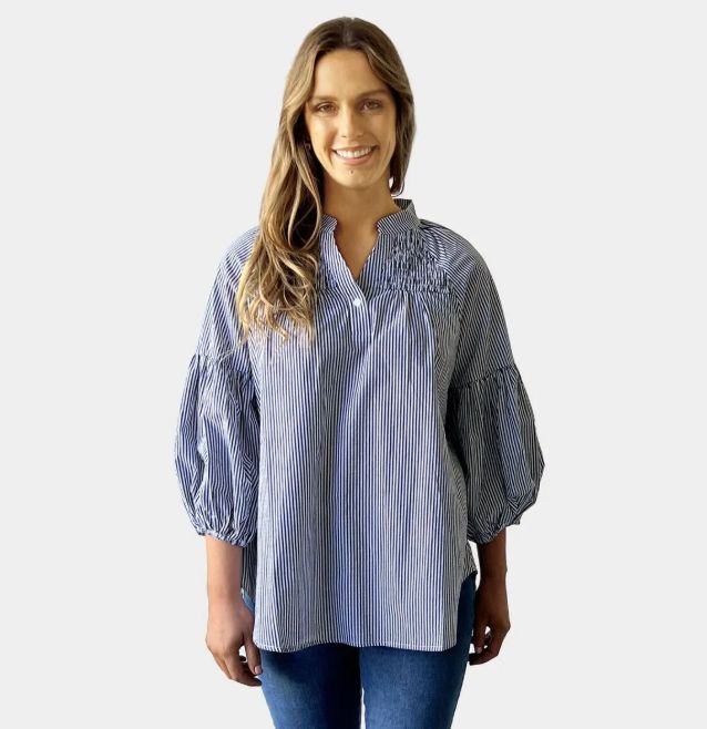 Blue Stripe  Puff Sleeve Top