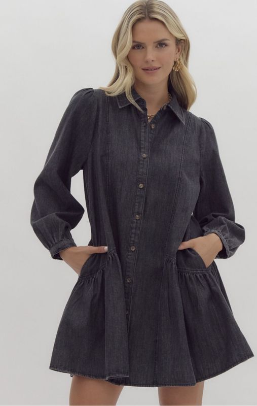 DENIM FLOUNCE DRESS - BLACK