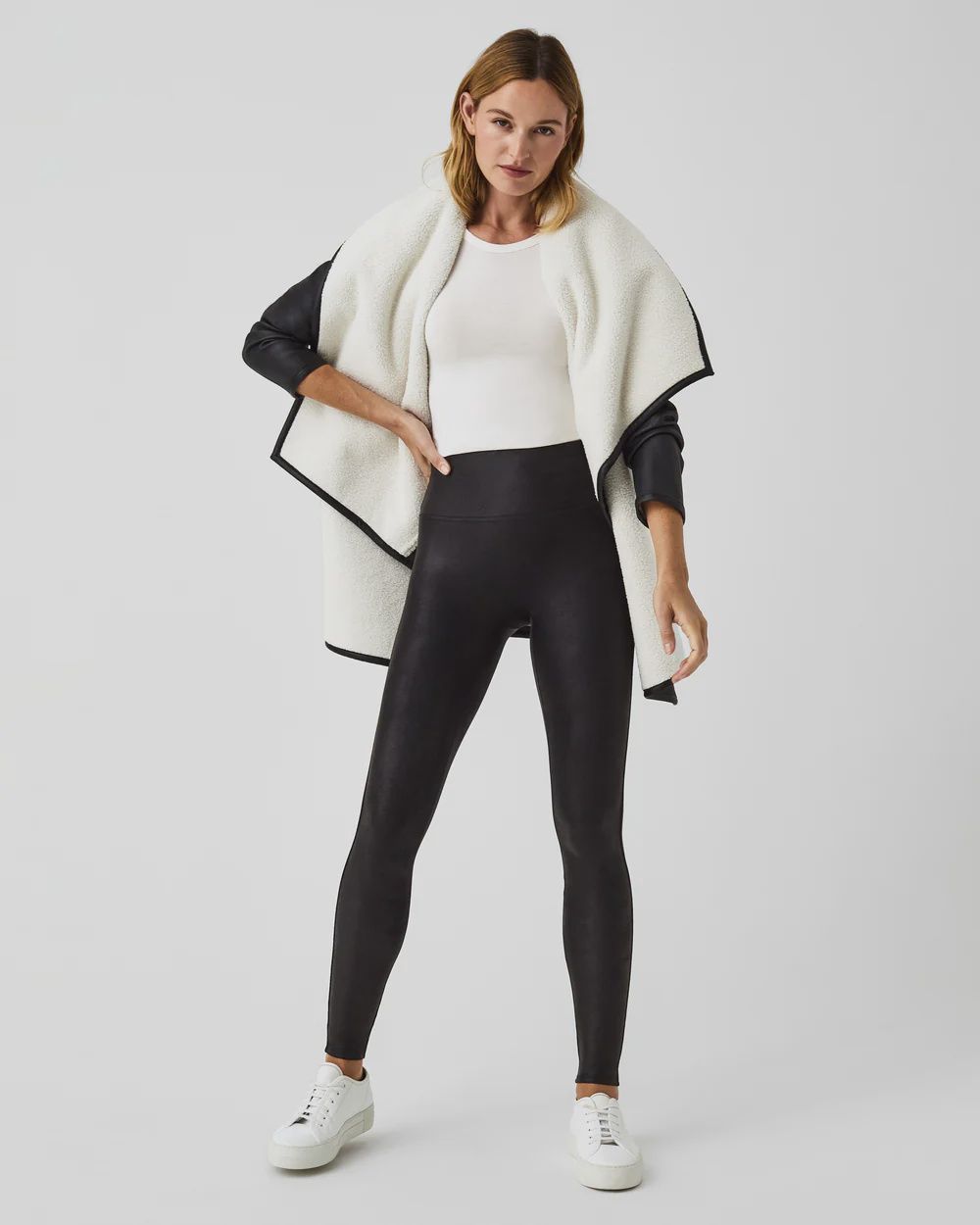SPANXshape FAUX LEATHER FLEECE LINED LEGGINGS - BLACK