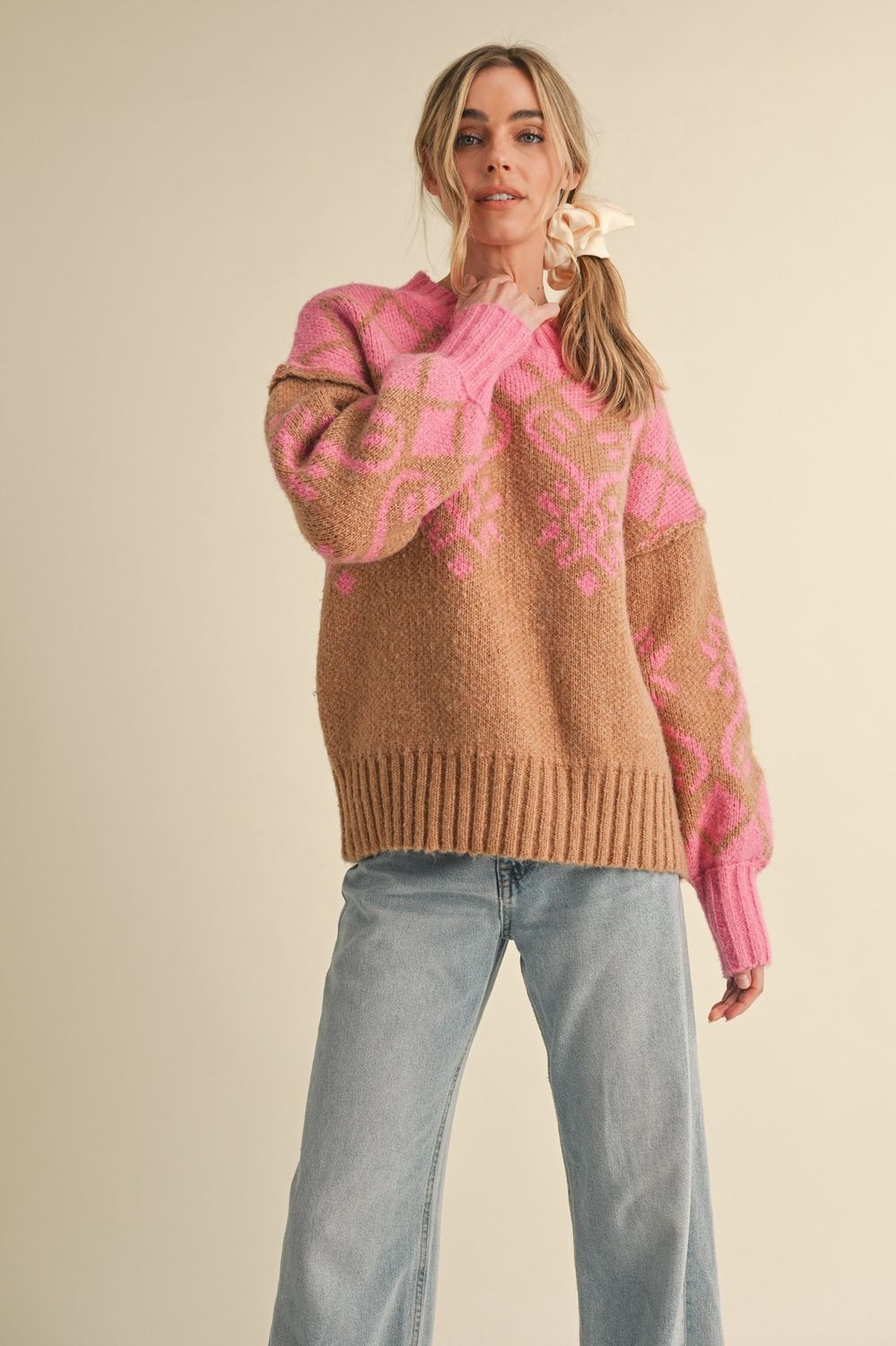 JACKIE SWEATER - PINK/CAMEL JACQUARD