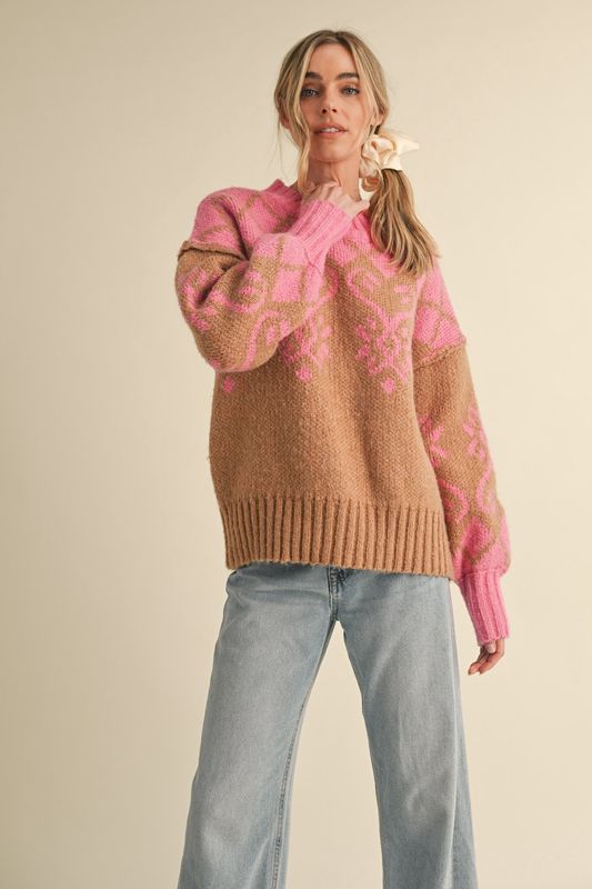 JACKIE SWEATER - PINK/CAMEL JACQUARD