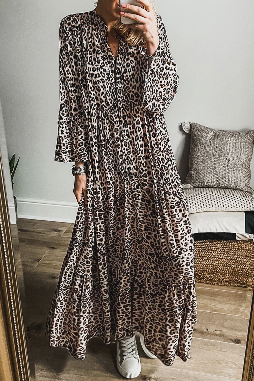 LEOPARD TIERED MAXI DRESS - APRICOT
