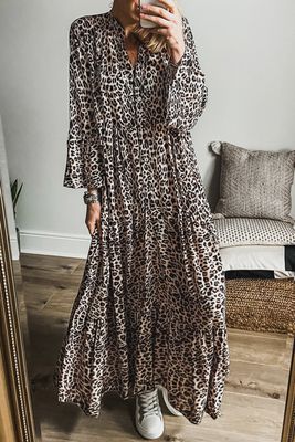 LEOPARD TIERED MAXI DRESS - APRICOT