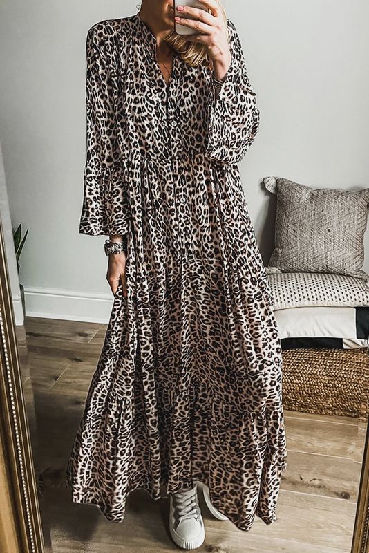 LEOPARD TIERED MAXI DRESS - APRICOT