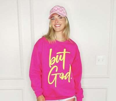 BUT GOD PUFF SWEATSHIRT - HELICONIA PINK