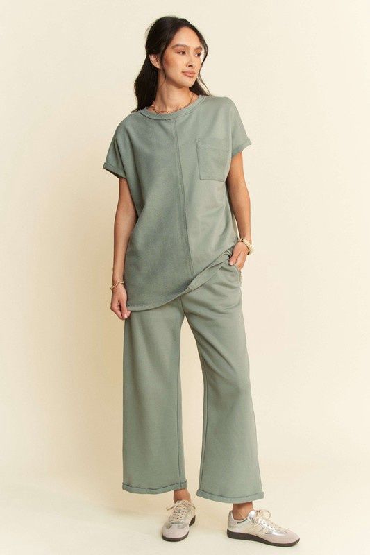 TERRY MIXED DETAIL TOP - OLIVE SAGE