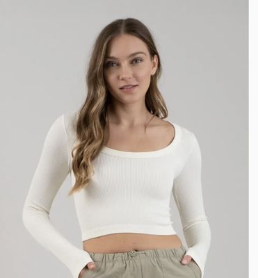 CAROLINE LONG SLEEVE CROP TOP - LIGHT BEIGE