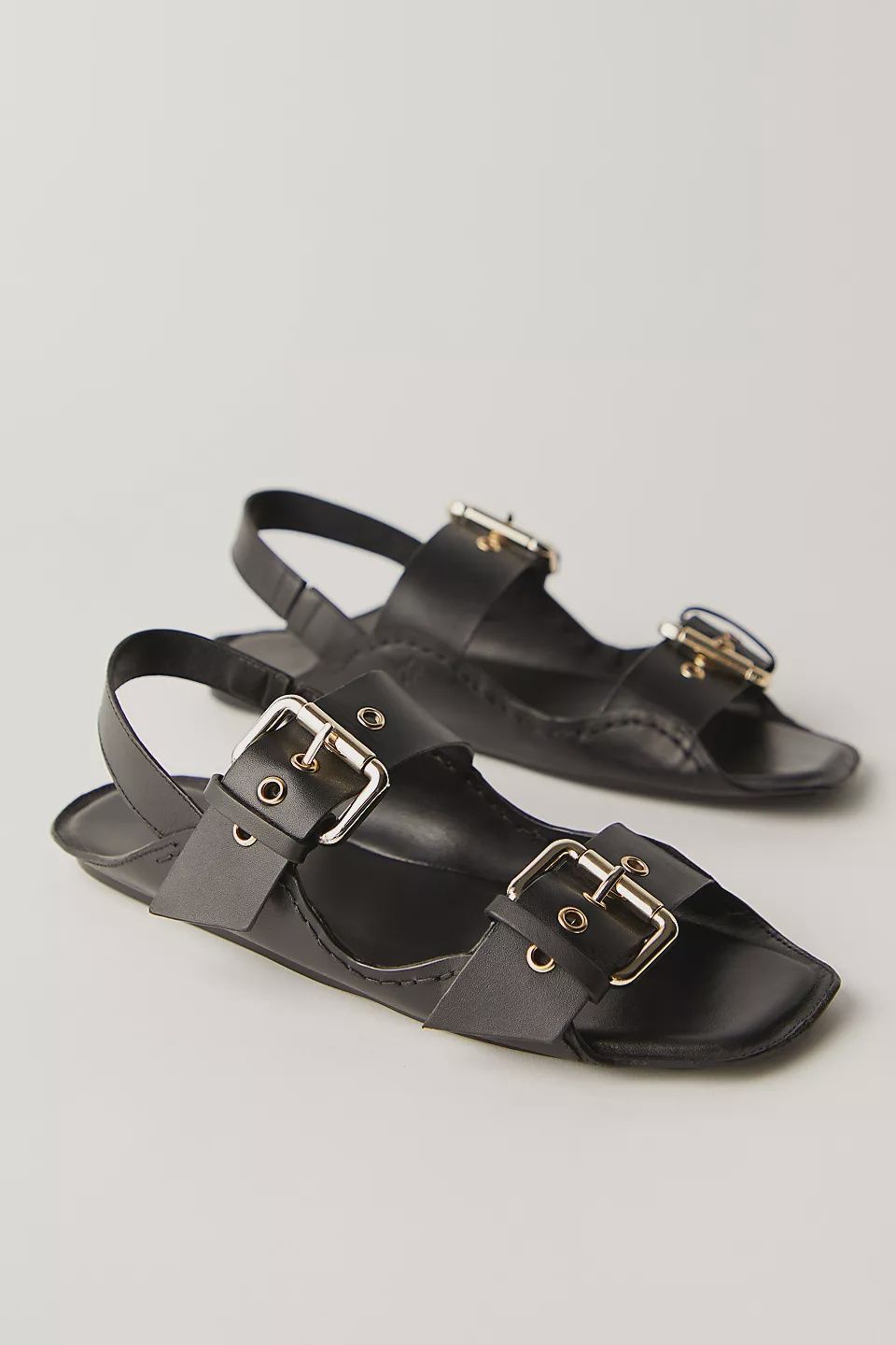 BLOSSOM BUCKLE SANDALS - BLACK LEATHER