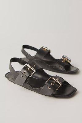 BLOSSOM BUCKLE SANDALS - BLACK LEATHER