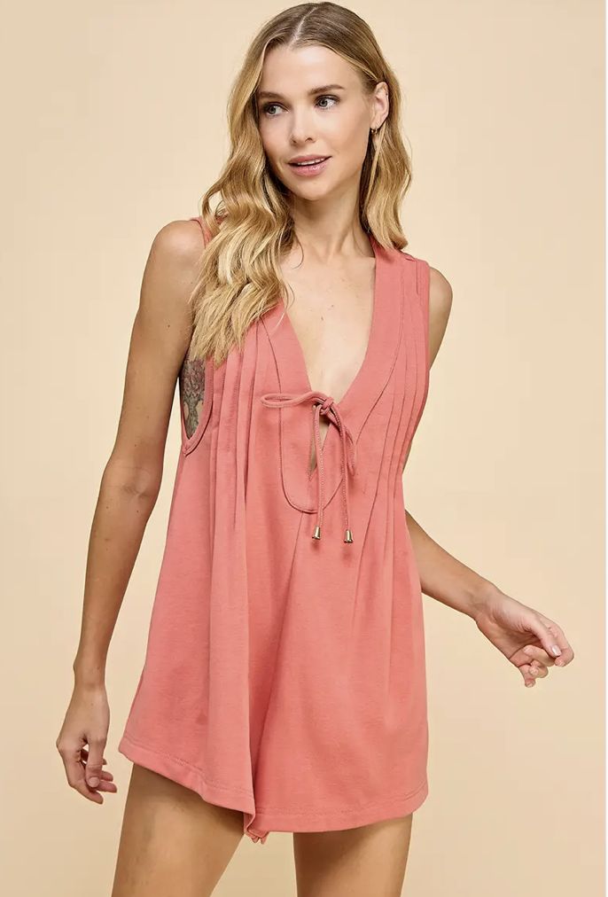 KNIT PINTUCK ROMPER - BRICK