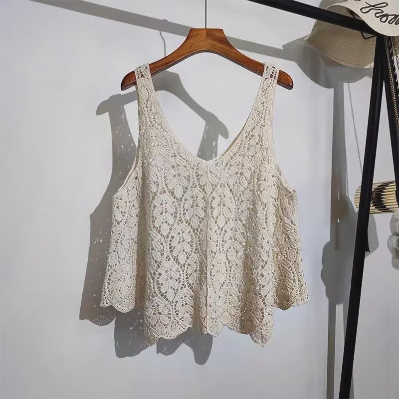 CROCHET KNIT VEST - BEIGE