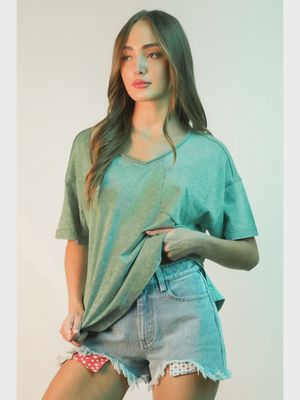 MINERAL WASHED V NECK TEE - SAGE