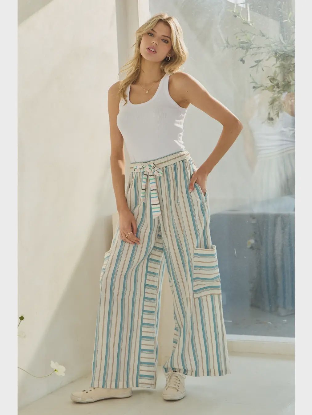 STRIPED PALAZZO PANTS - SAGE COMBO