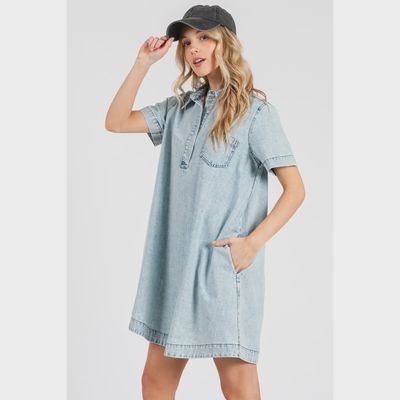 WASHED DENIM SHIRT DRESS - LIGHT DENIM