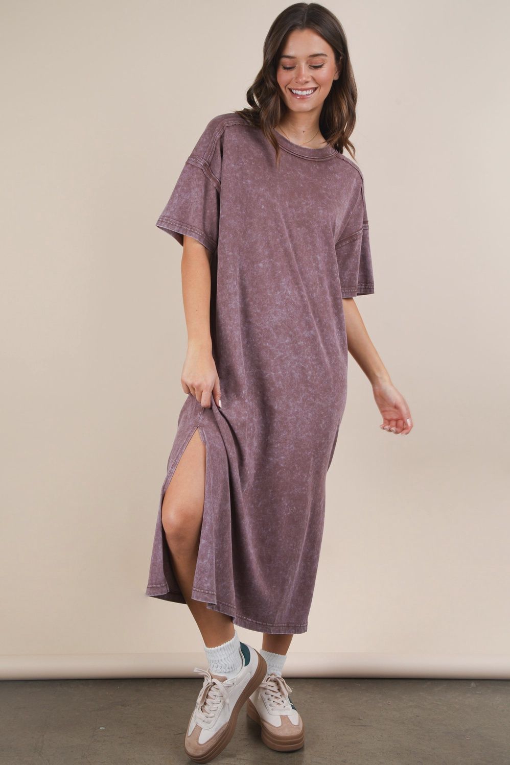 MINERAL WASHED MIDI DRESS - CHOCOLATE